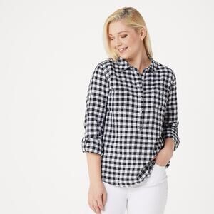 RACHEL HOLLIS Women's Henley Shirt 1/2 Button Gingham Black White 8
